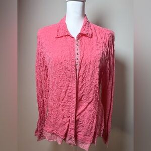 Johnny Was Pink Embroidered Textured Button Front Blouse Size XL
